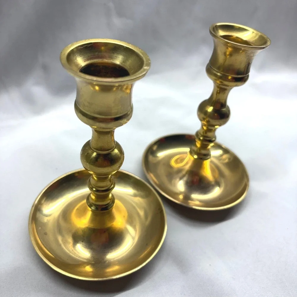 Solid Brass Candlestick Holders Set of 2 Gold Vintage Good Traditional India